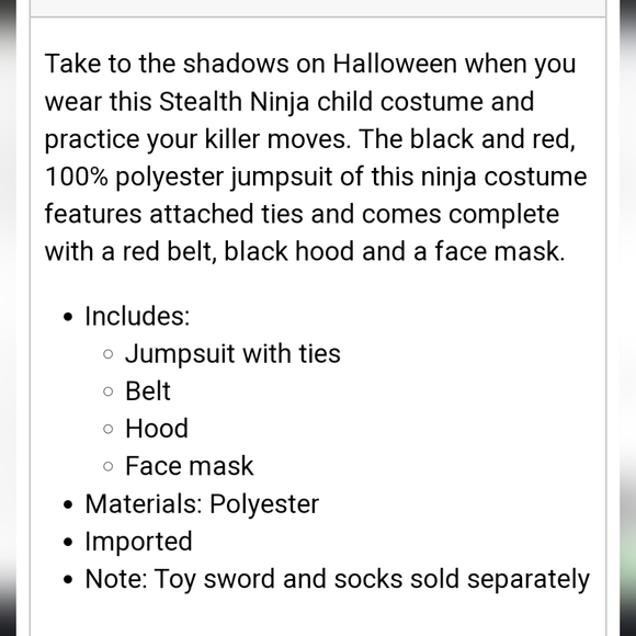 Spirit Halloween~Stealth Ninja Costume~Size‎ Small 6/8~Black Red - Picture 3 of 6